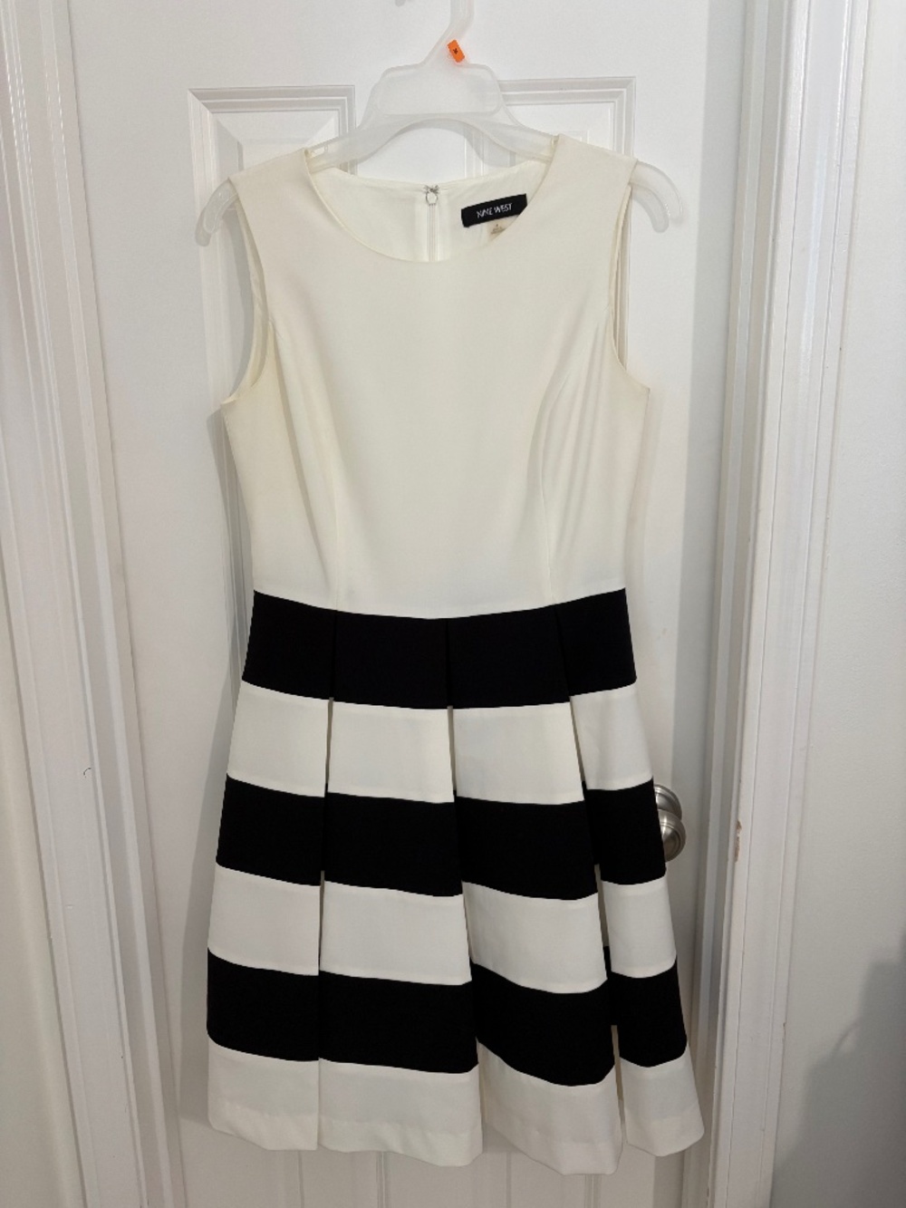 Nine West Black Ivory Striped Fit & Flare Pleated Sleeveless Dress